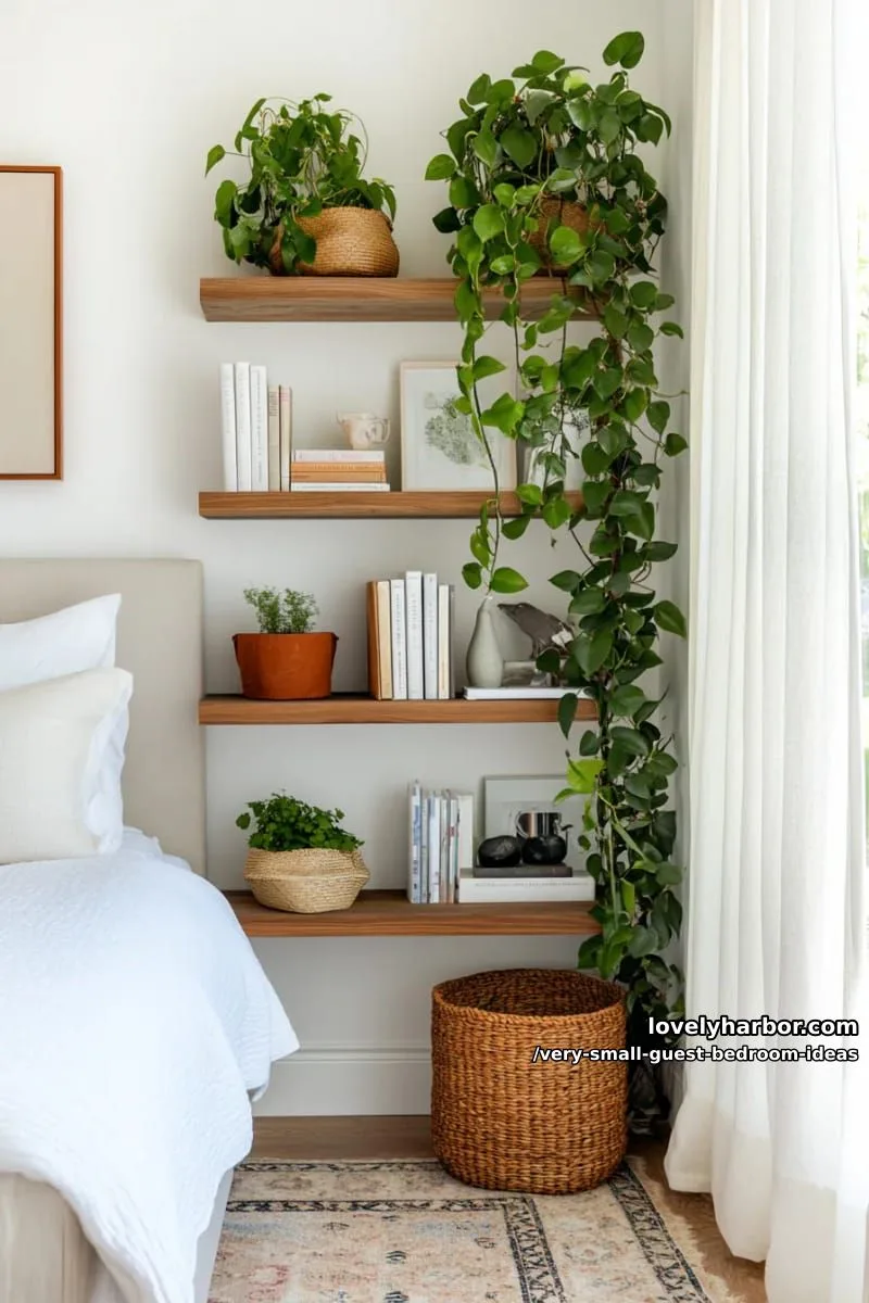 19 Very Small Guest Bedroom Ideas For A Welcoming Retreat 26 vertical shelving system for books, plants, and decorative baskets 1
