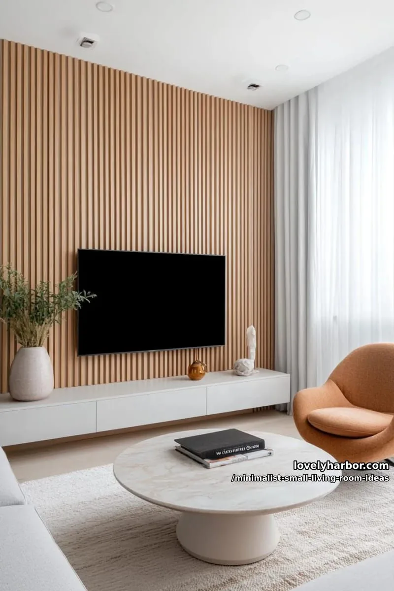 vertical slat wooden accent wall behind minimalist tv setup 1