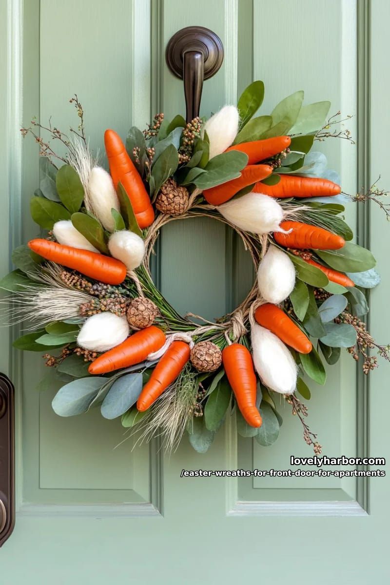 vibrant carrot bundle wreath layered with eucalyptus and bunny tails 1