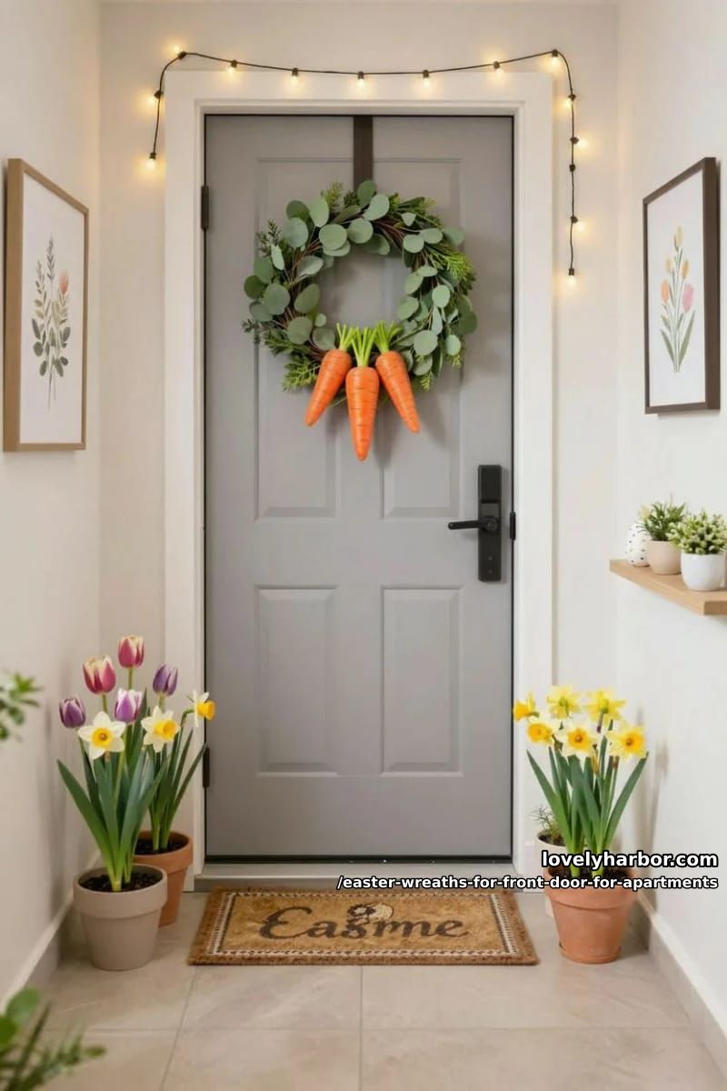 vibrant carrot bundle wreath layered with eucalyptus and bunny tails 1