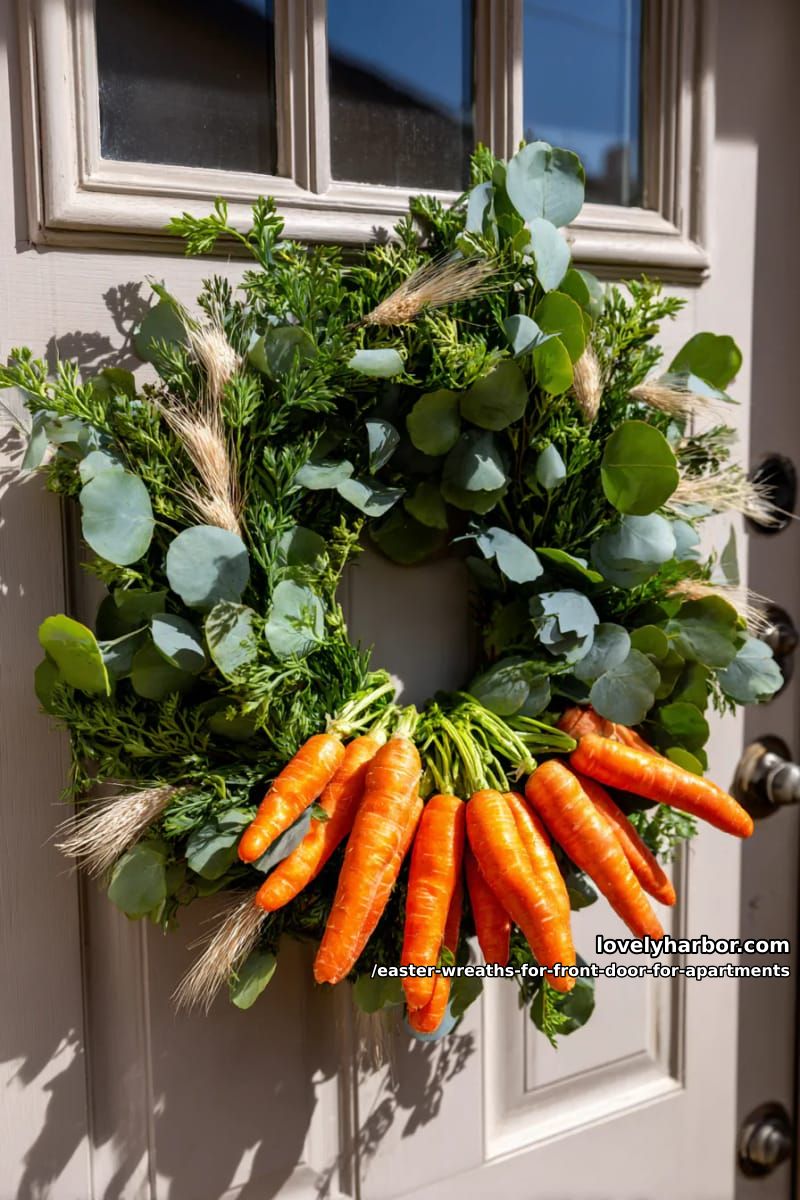 vibrant carrot bundle wreath layered with eucalyptus and bunny tails 1
