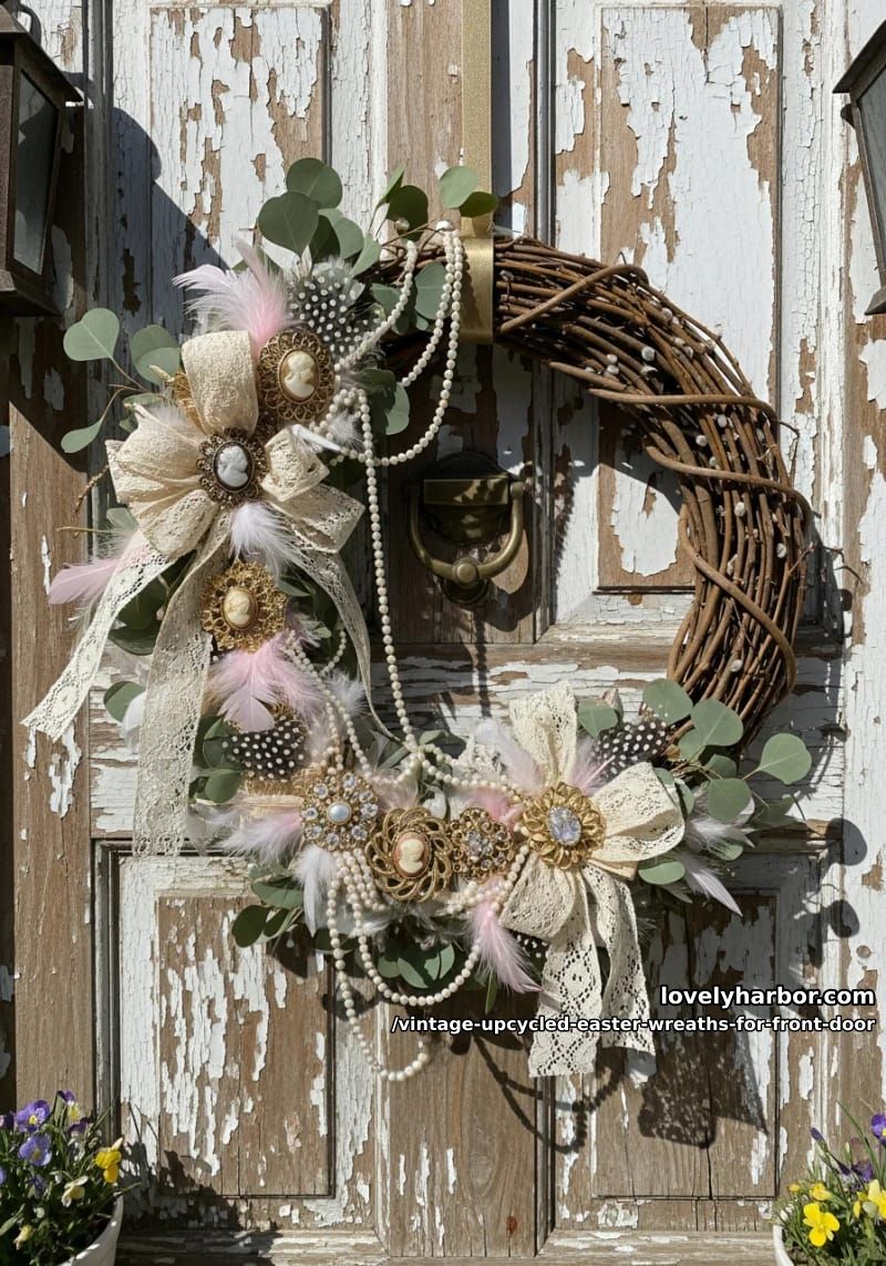 victorian-inspired wreath with pearl garland, thrifted brooches, and faux feathers 1