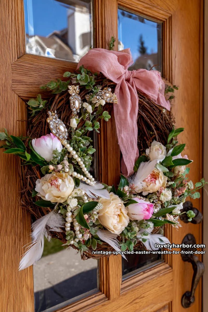 victorian-inspired wreath with pearl garland, thrifted brooches, and faux feathers 1