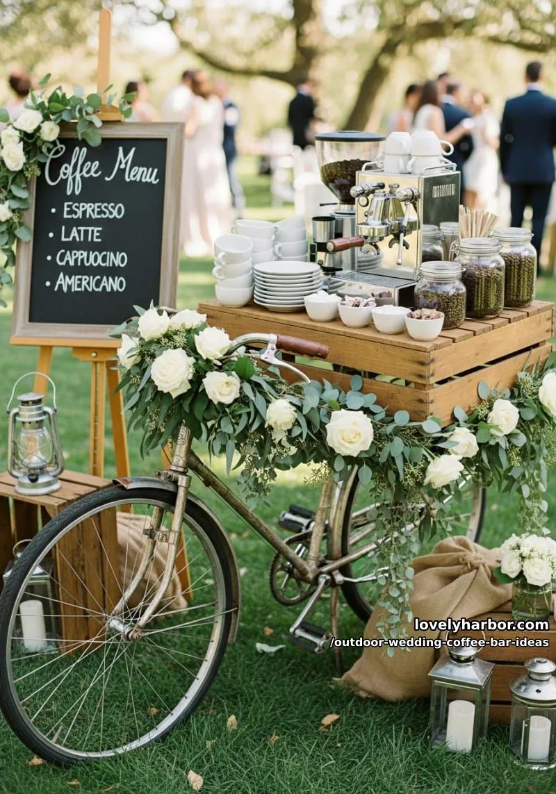 vintage bicycle coffee cart with floral garlands and rustic chalkboard menu 1
