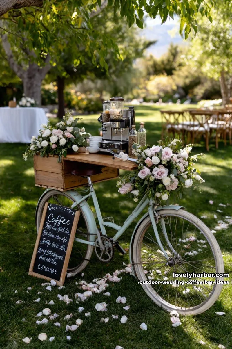 vintage bicycle coffee cart with floral garlands and rustic chalkboard menu 1