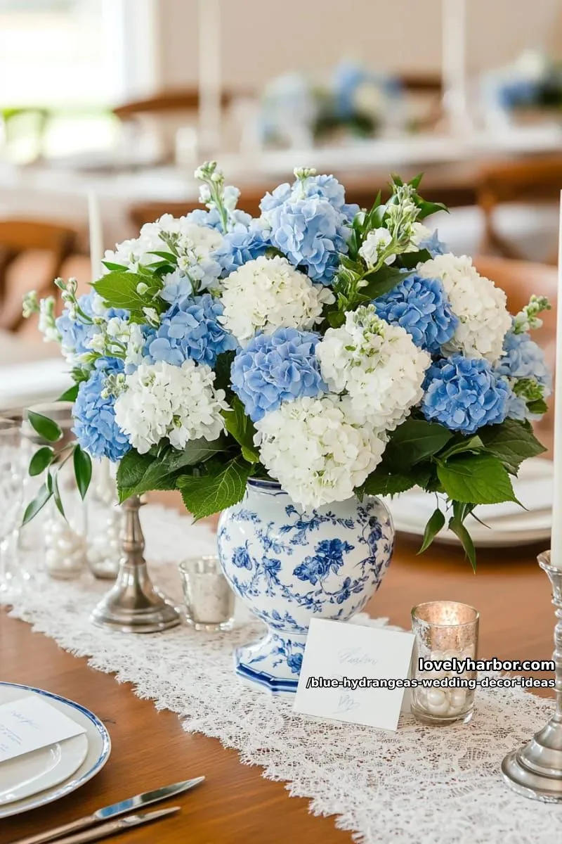 vintage blue and white china vases brimming with hydrangea blooms 1