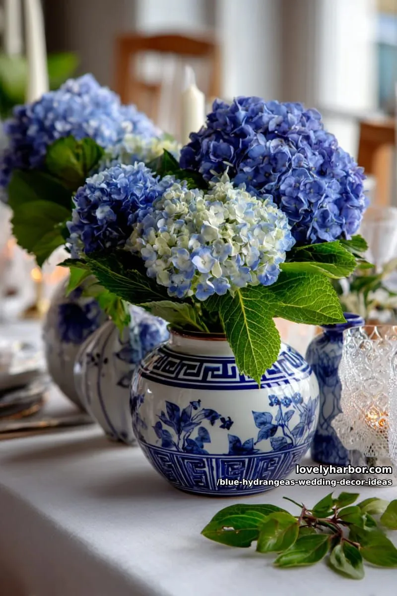 vintage blue and white china vases brimming with hydrangea blooms 1