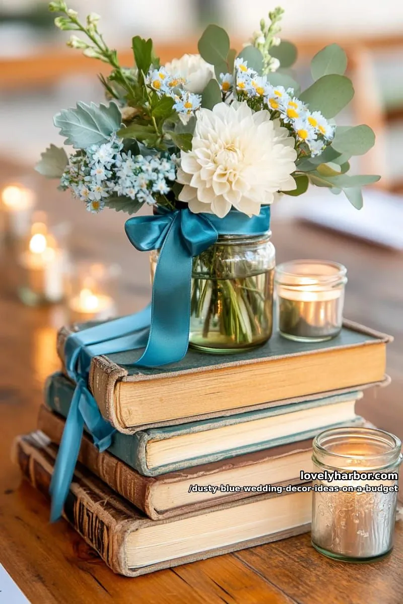 vintage books stacked with blue ribbons as centerpiece bases 1