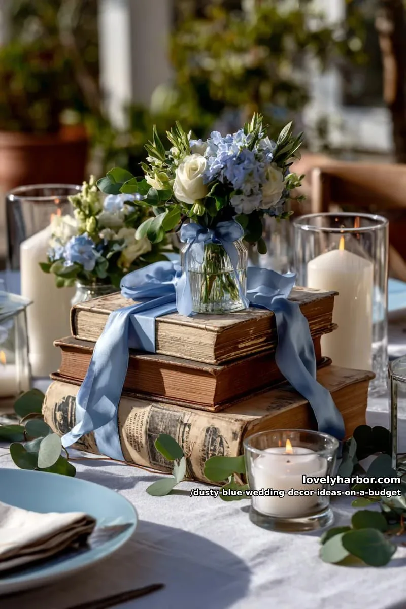 vintage books stacked with blue ribbons as centerpiece bases 1