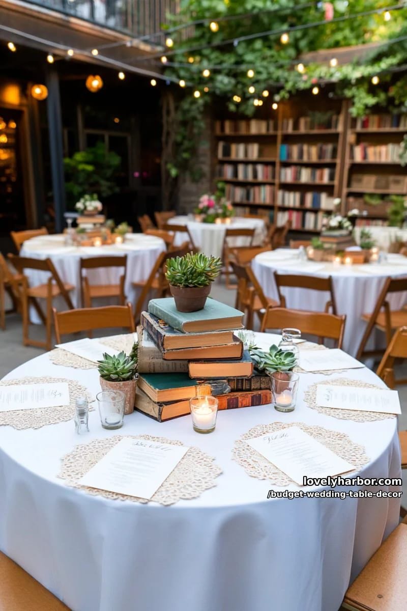 vintage books stacked with tea lights and mini succulents for a literary vibe 1