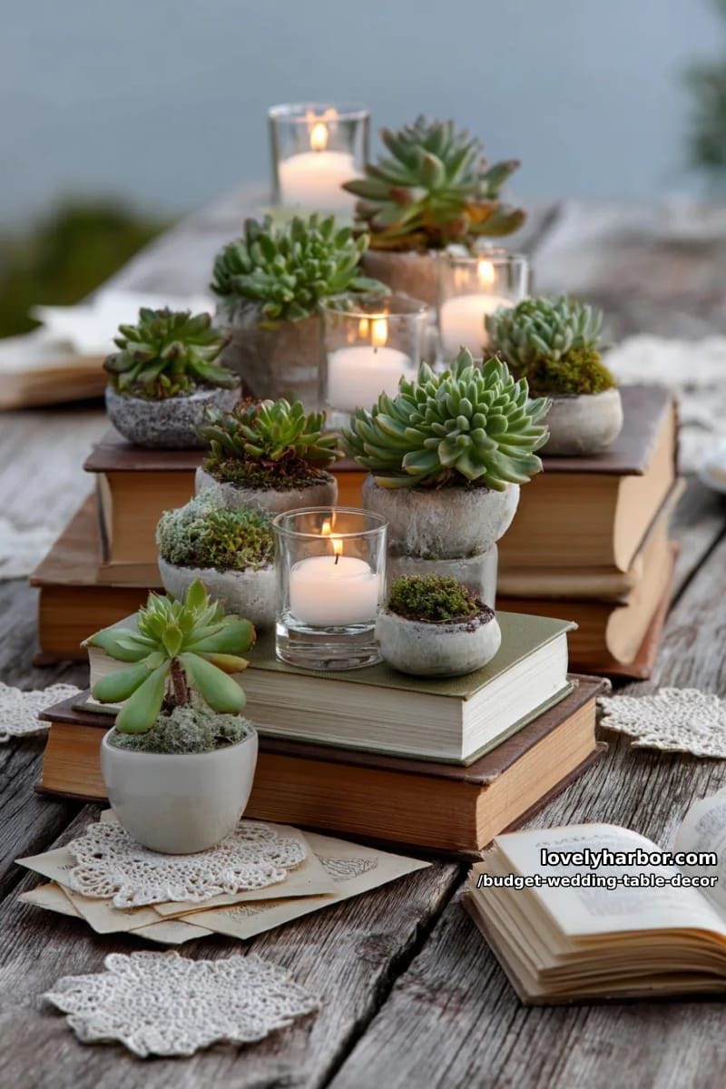 vintage books stacked with tea lights and mini succulents for a literary vibe 1