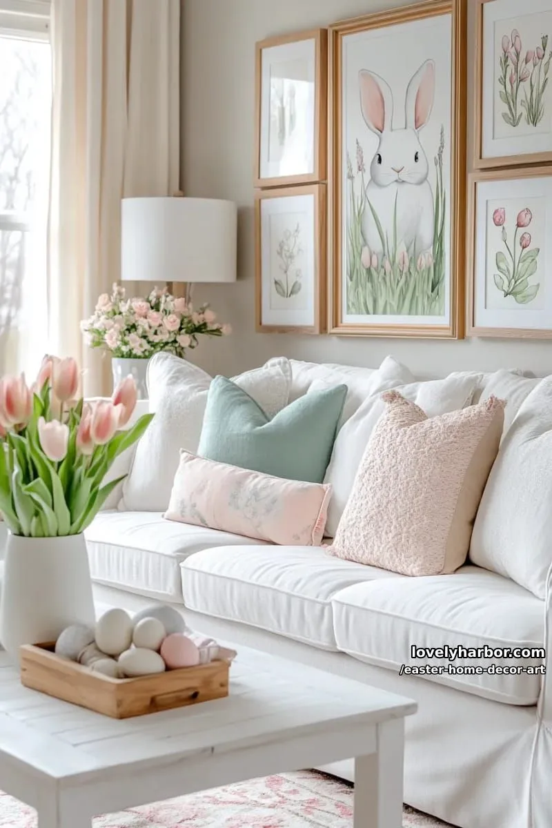 vintage bunny and botanical print gallery wall above the sofa 1