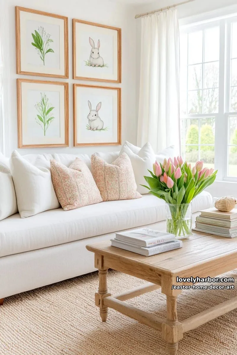 vintage bunny and botanical print gallery wall above the sofa 1