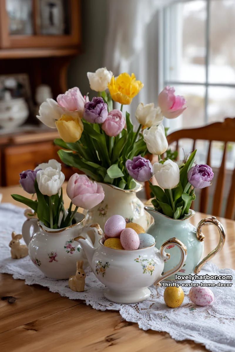 vintage china teapots overflowing with faux tulips for easter table decor 1