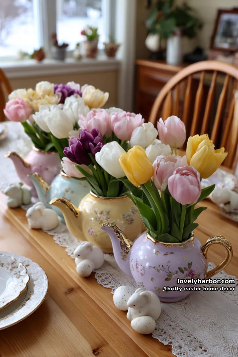 vintage china teapots overflowing with faux tulips for easter table decor 1