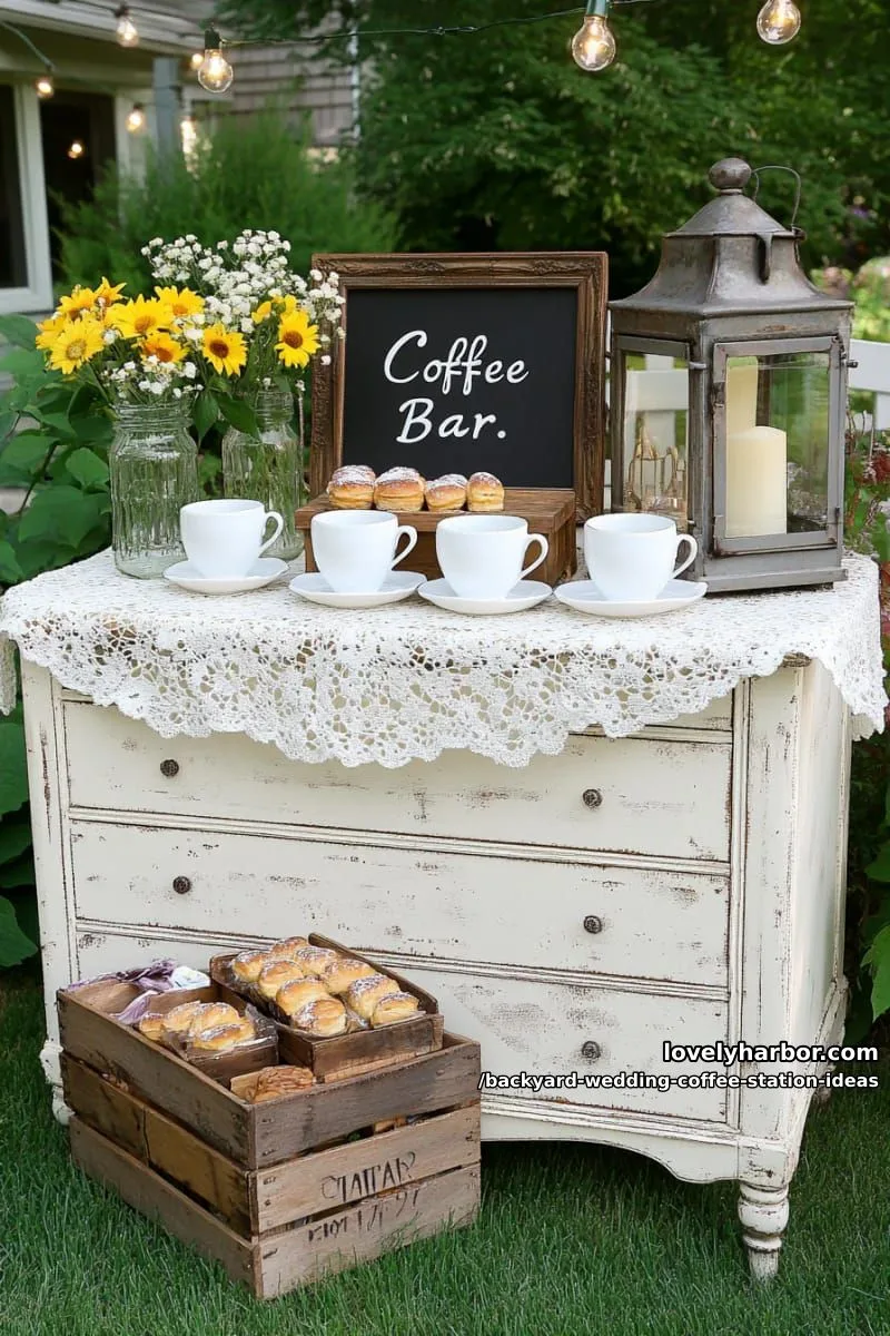 15 Backyard Wedding Coffee Station Ideas For Your Reception 2 vintage dresser coffee bar adorned with lace tablecloth and wildflowers 1