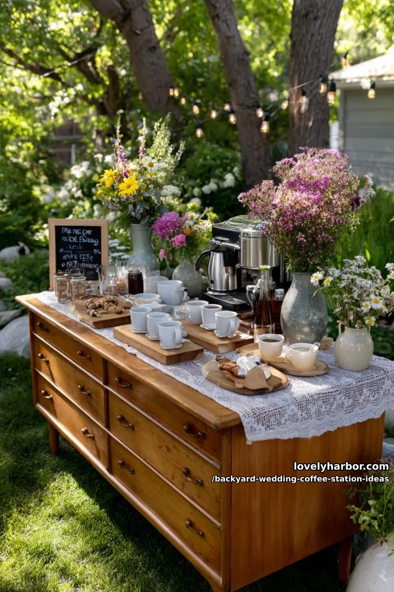 15 Backyard Wedding Coffee Station Ideas For Your Reception 3 vintage dresser coffee bar adorned with lace tablecloth and wildflowers 1