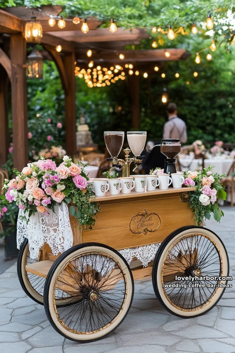 vintage espresso cart with personalized latte art for each wedding guest 1