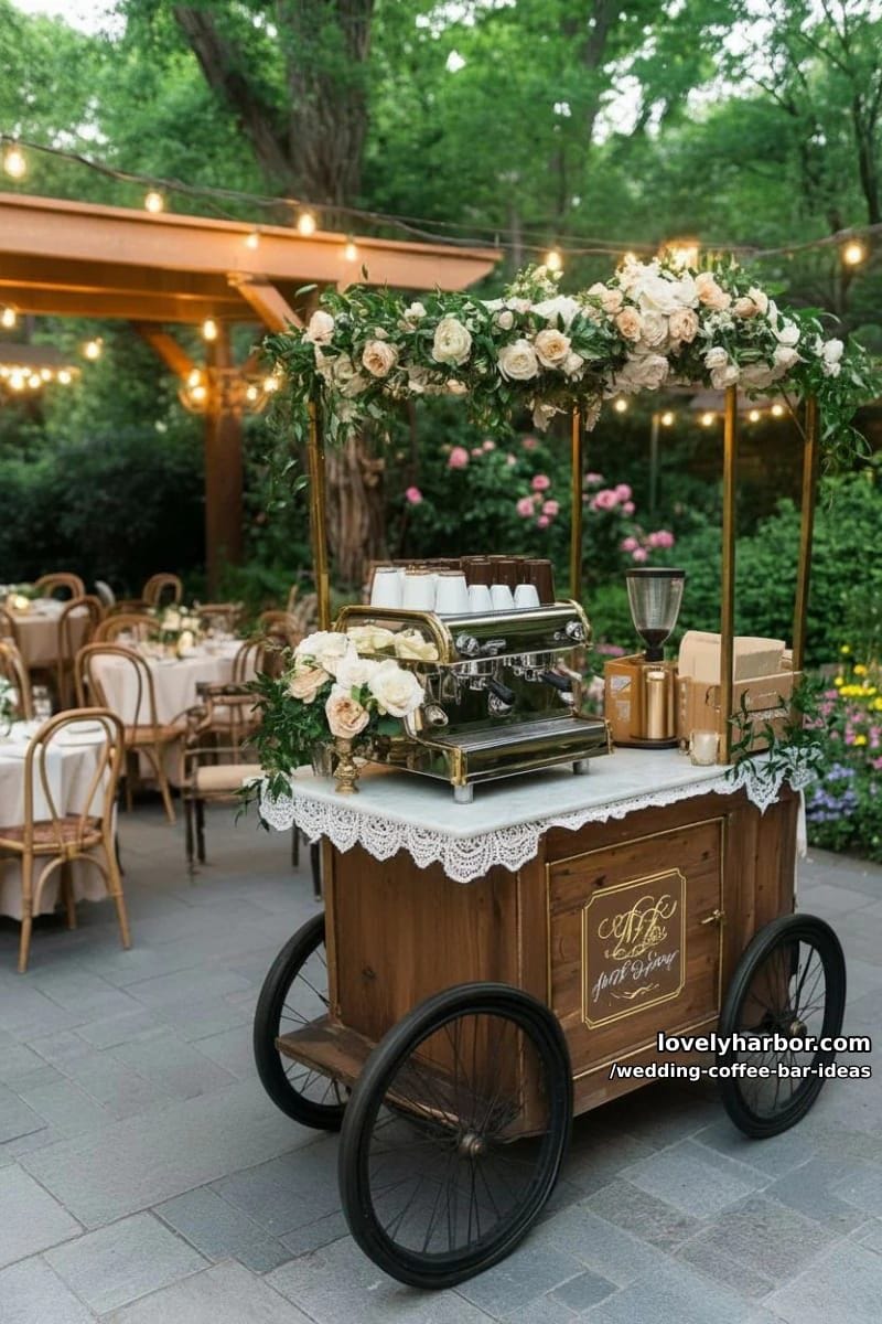 vintage espresso cart with personalized latte art for each wedding guest 1