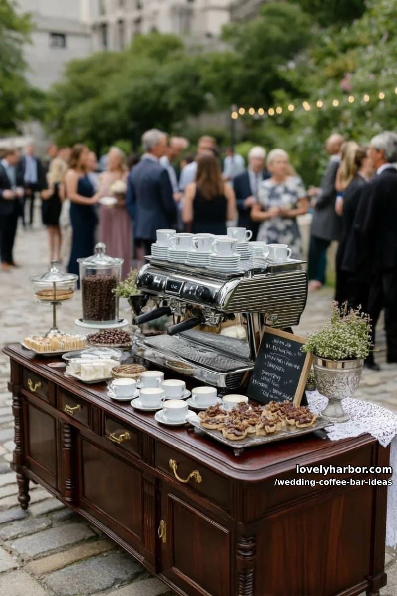 vintage espresso cart with personalized latte art for each wedding guest 1