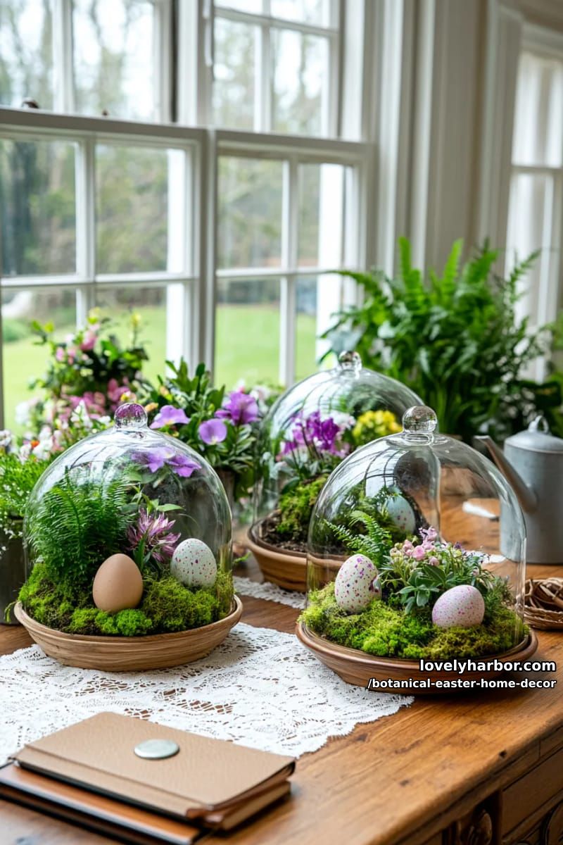 vintage glass cloches with mini fern gardens and speckled egg accents 1