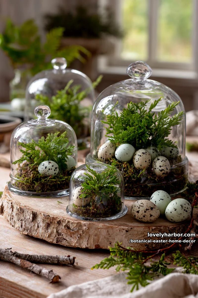 vintage glass cloches with mini fern gardens and speckled egg accents 1