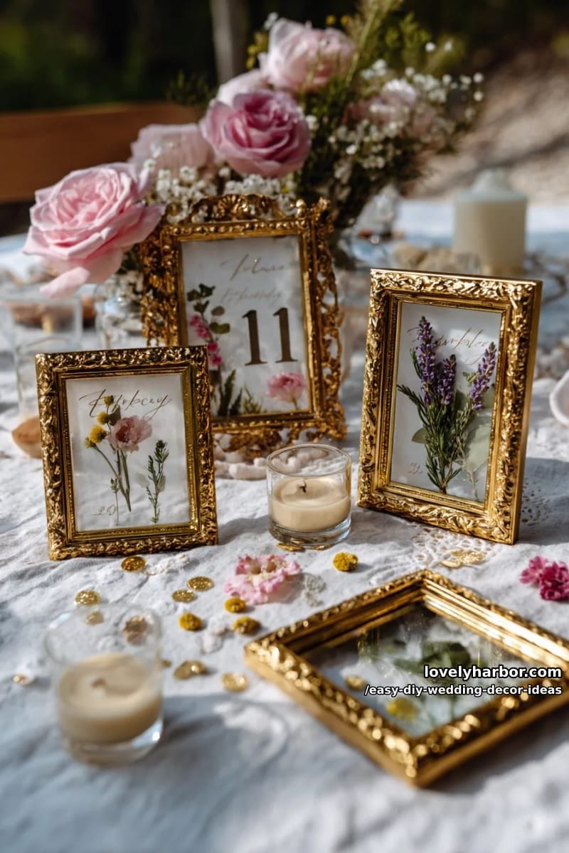 vintage-inspired gold frames for table numbers with pressed flowers inside 1
