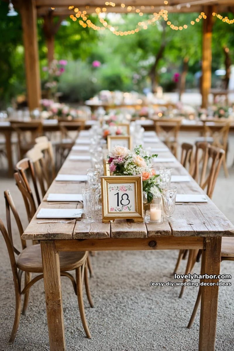 vintage-inspired gold frames for table numbers with pressed flowers inside 1