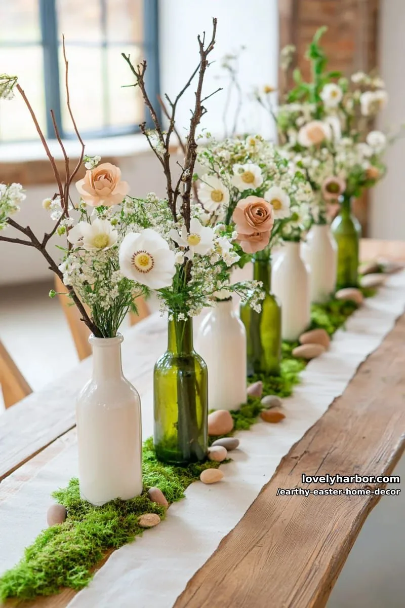 15 Earthy Easter Home Decor For A Nature-Friendly Seasonal Touch 25 vintage milk bottles with foraged branches and tiny paper flowers 1