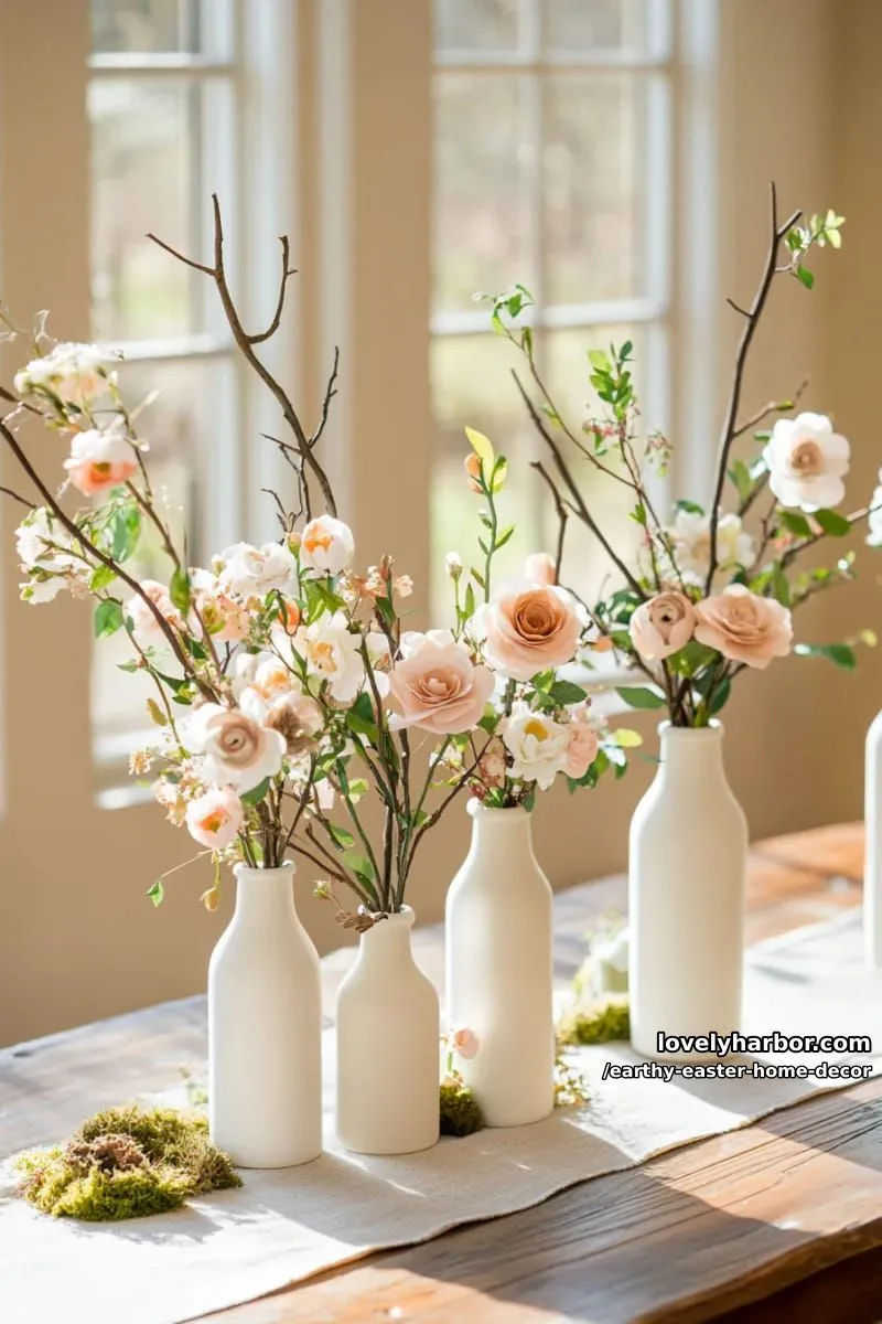 15 Earthy Easter Home Decor For A Nature-Friendly Seasonal Touch 26 vintage milk bottles with foraged branches and tiny paper flowers 1