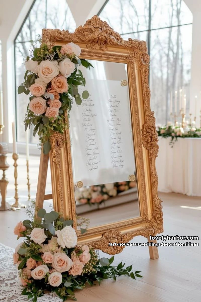vintage mirror seating chart framed with intricate art nouveau borders 1