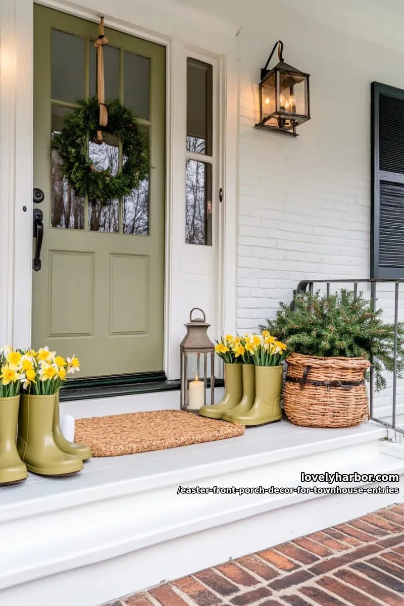 vintage rain boots filled with daffodils flanking the front entry 1