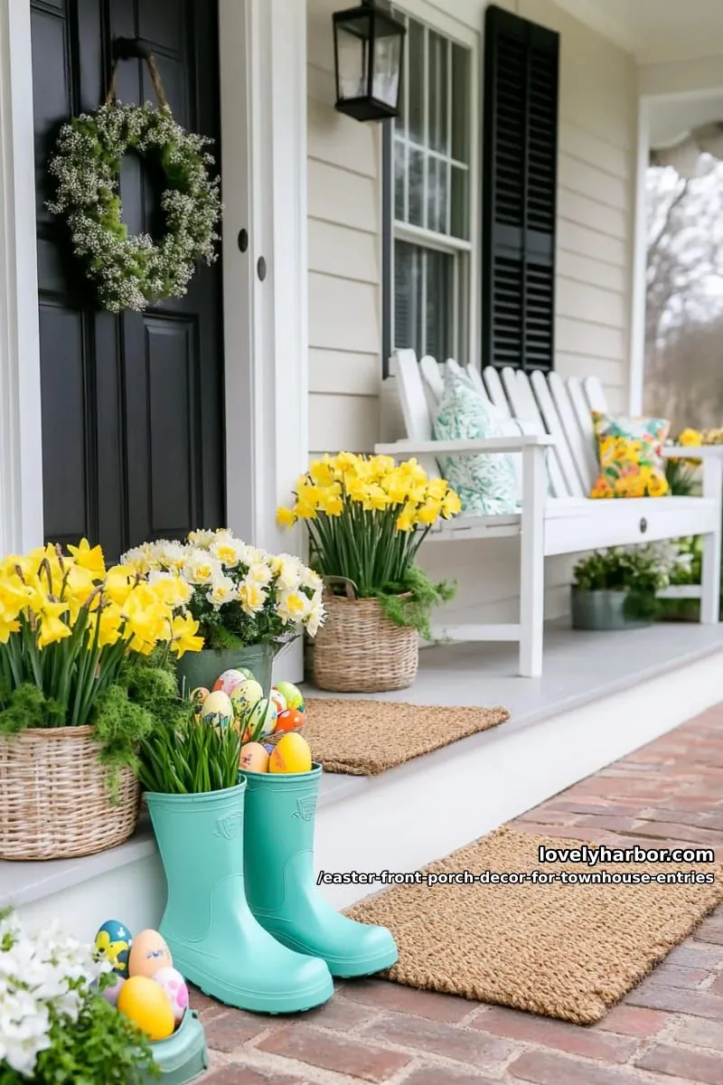 vintage rain boots filled with daffodils flanking the front entry 1