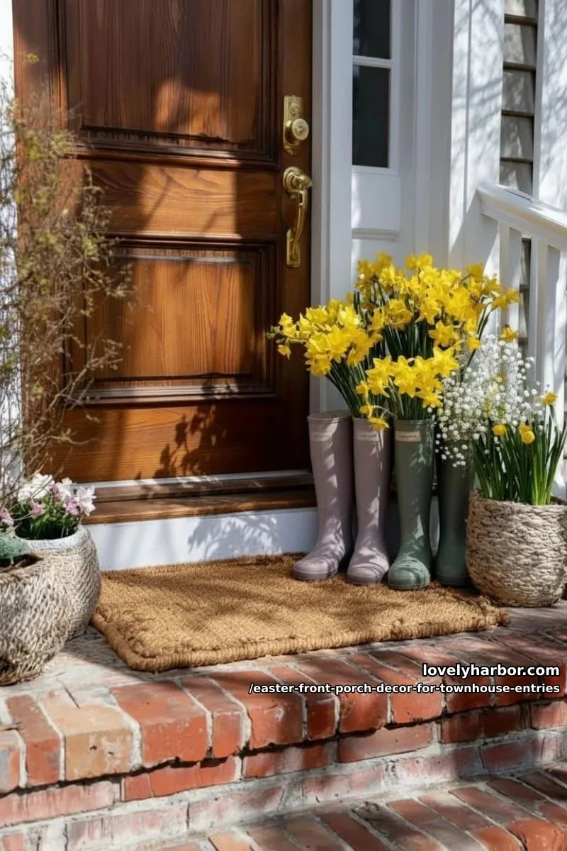 vintage rain boots filled with daffodils flanking the front entry 1