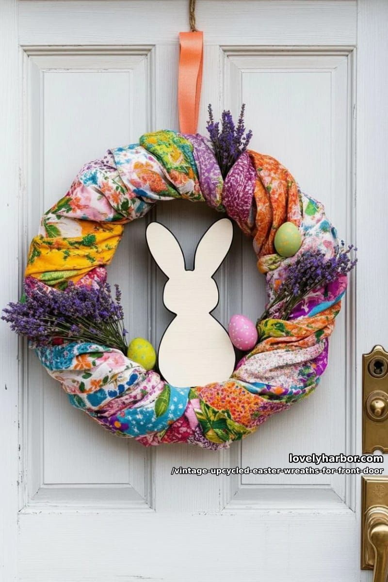 vintage scarf-wrapped wreath topped with hand-painted wooden bunny silhouette 1