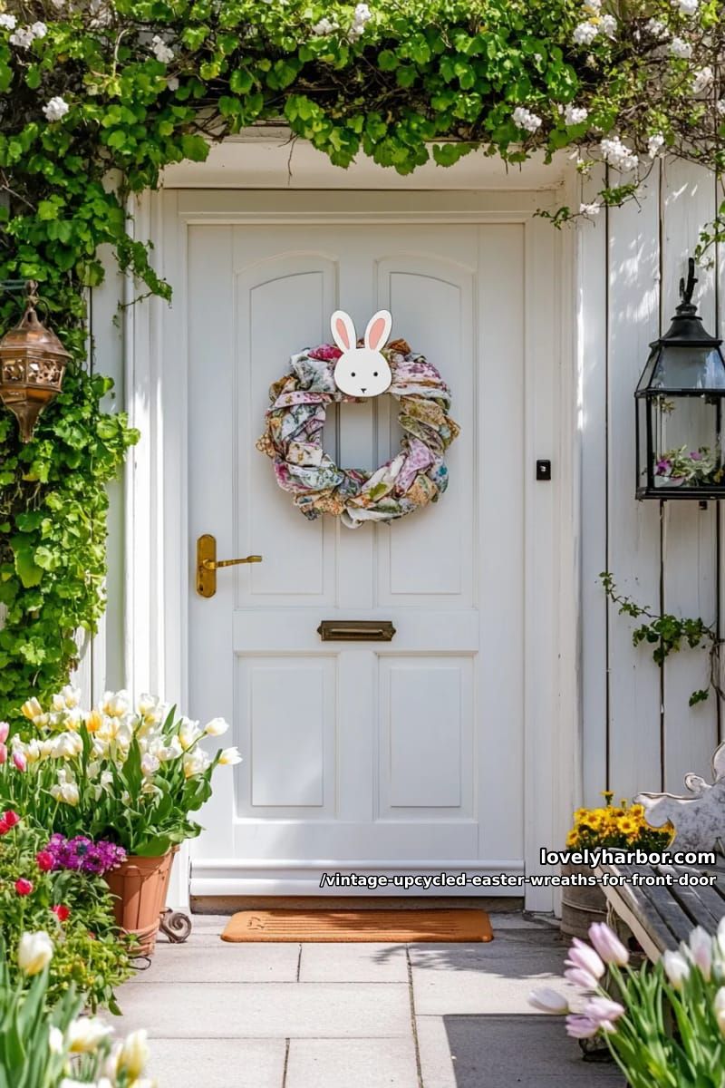 vintage scarf-wrapped wreath topped with hand-painted wooden bunny silhouette 1