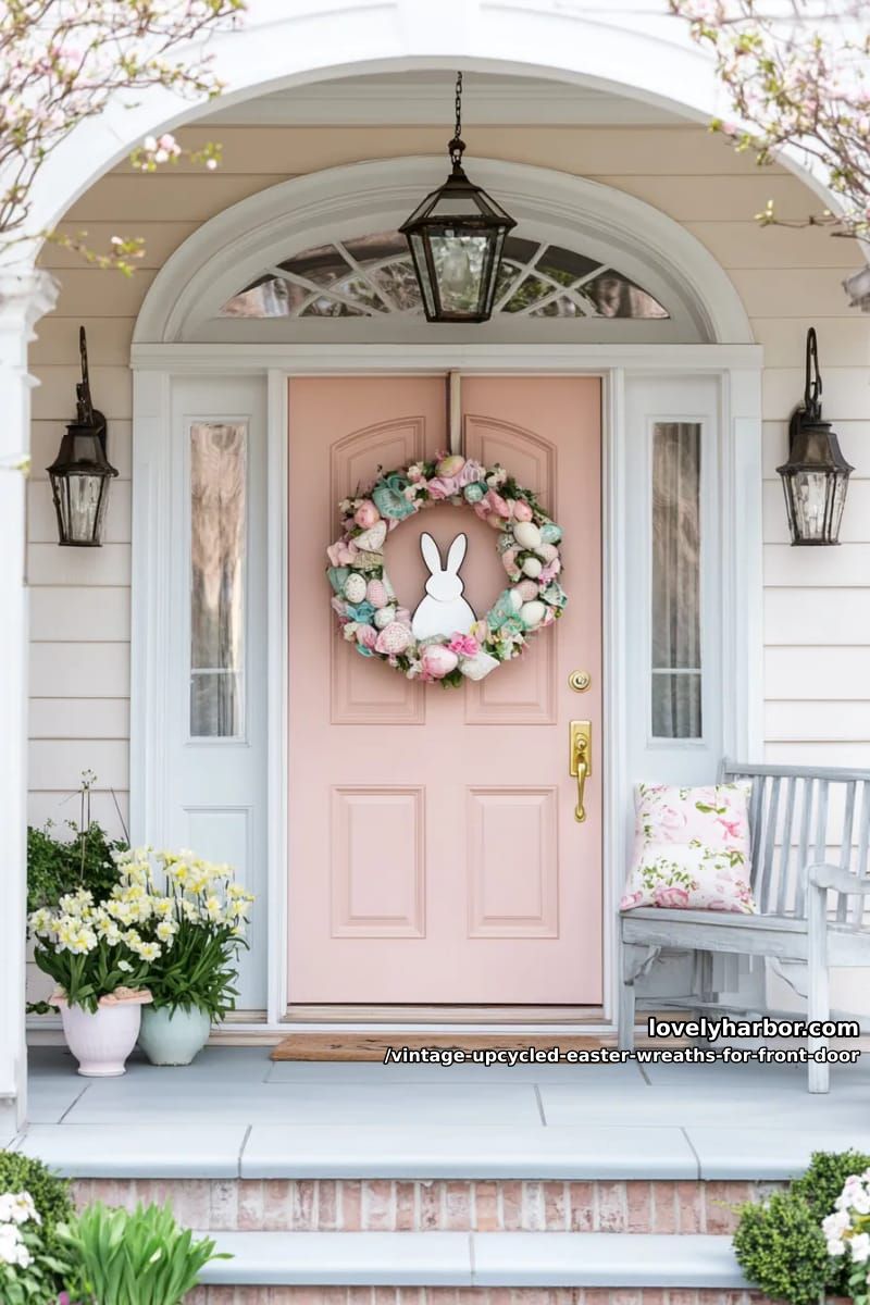 vintage scarf-wrapped wreath topped with hand-painted wooden bunny silhouette 1