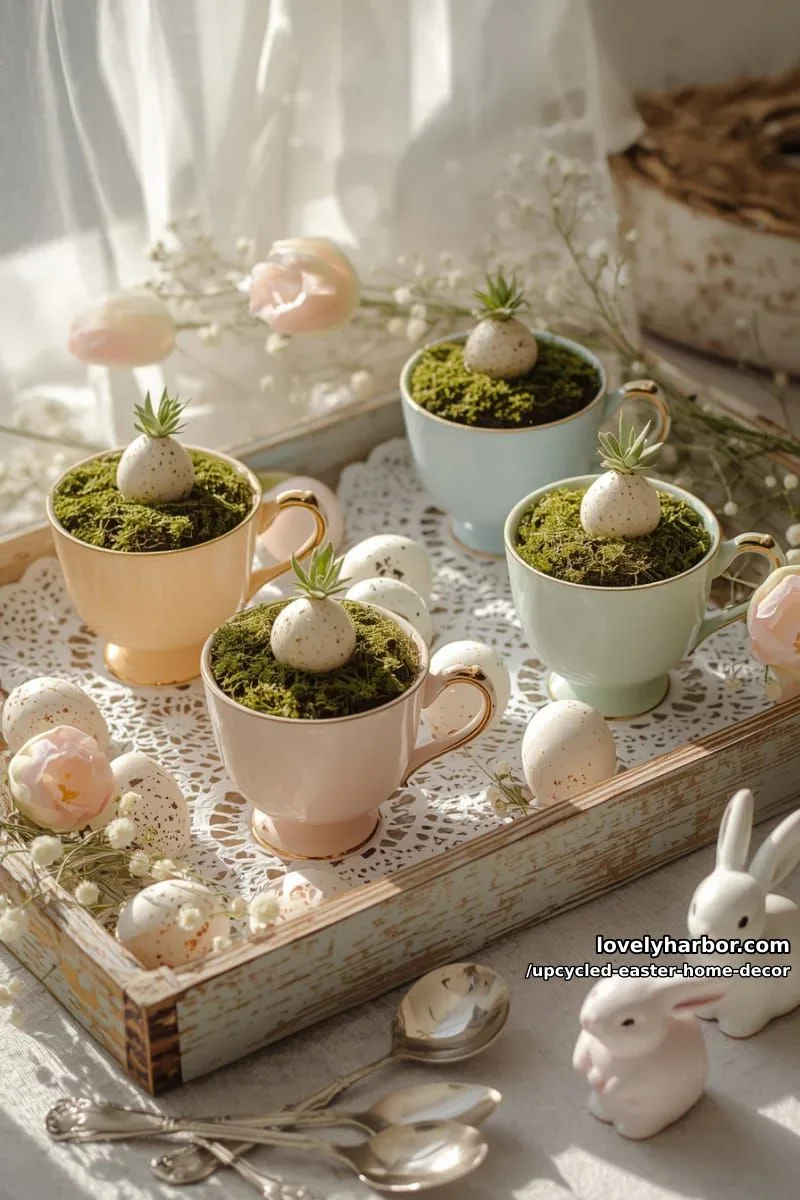 15 Upcycled Easter Home Decor That Give Old Treasures New Life 2 vintage teacup easter egg planters for a whimsical centerpiece 1