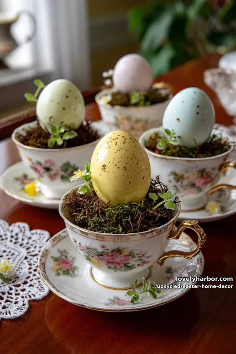15 Upcycled Easter Home Decor That Give Old Treasures New Life 3 vintage teacup easter egg planters for a whimsical centerpiece 1