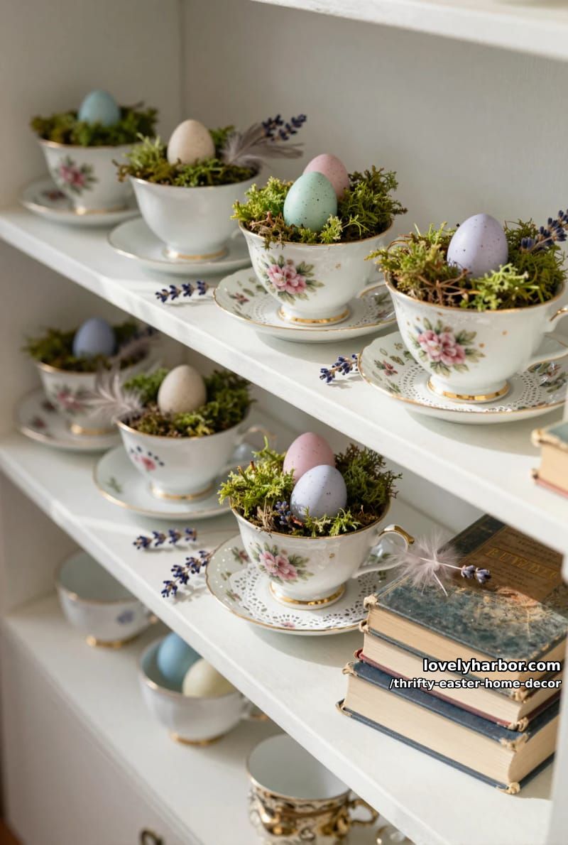 vintage teacup nests with moss and pastel speckled eggs for shelves 1