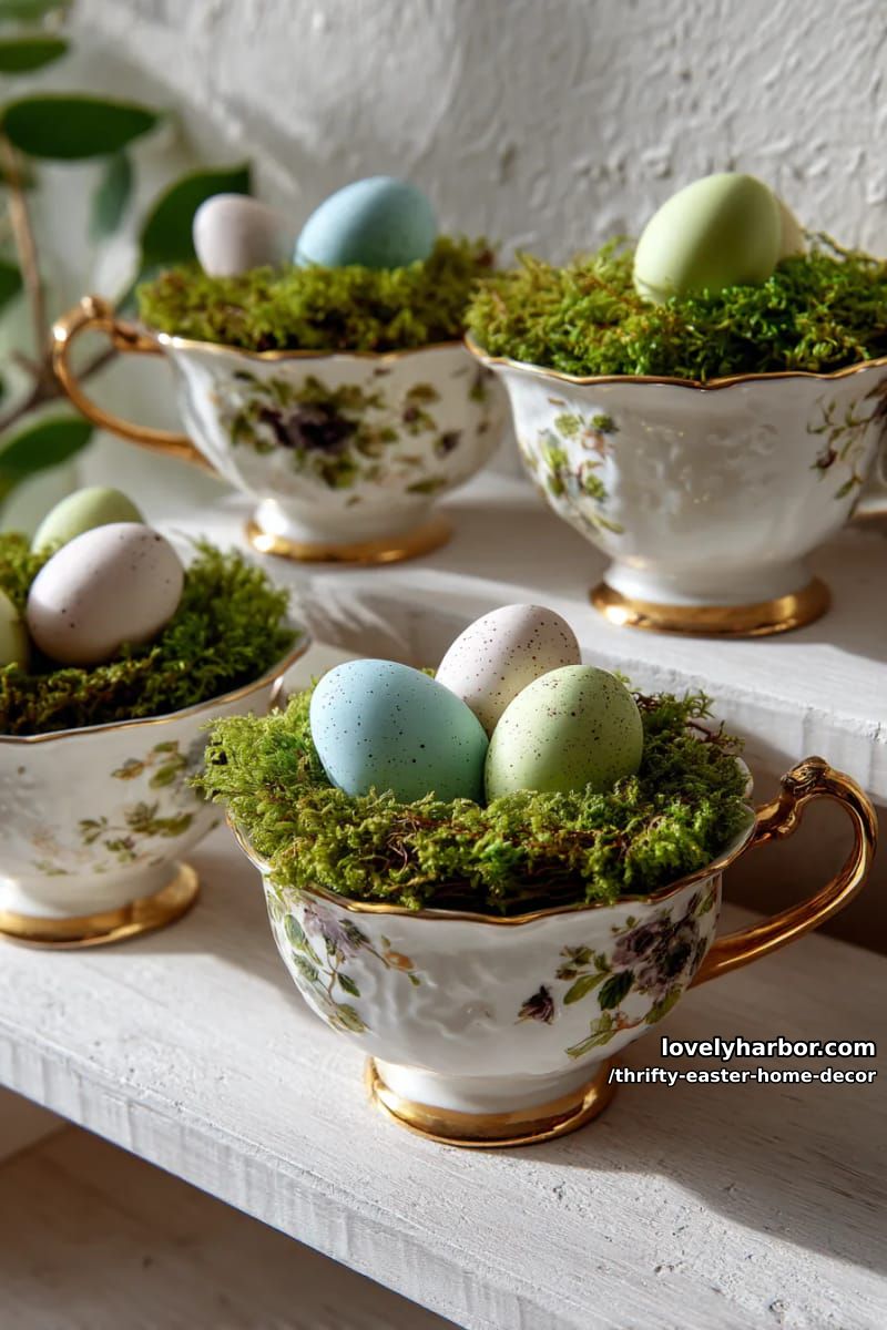 vintage teacup nests with moss and pastel speckled eggs for shelves 1