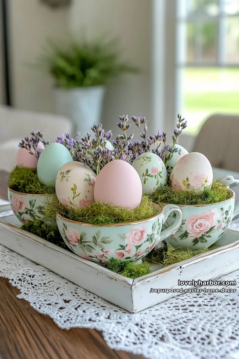 vintage teacup planters filled with faux easter eggs for a whimsical centerpiece 1