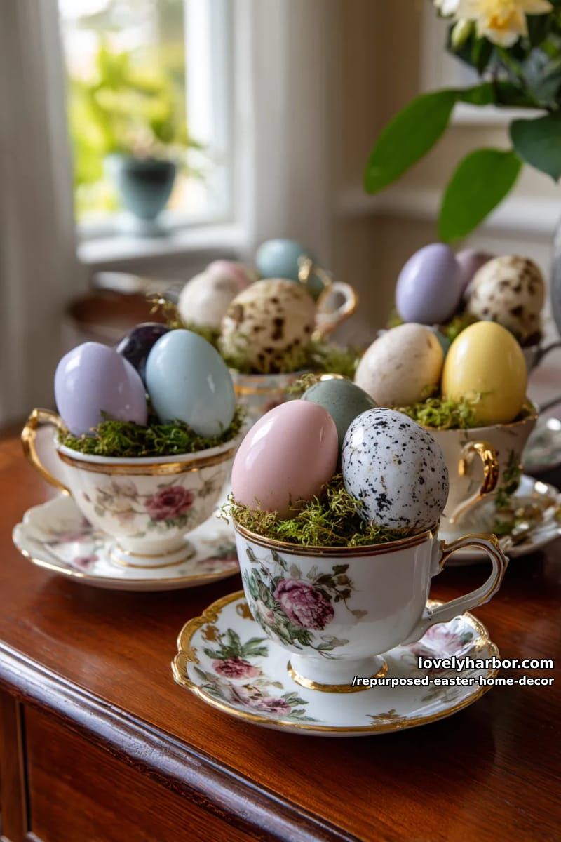 vintage teacup planters filled with faux easter eggs for a whimsical centerpiece 1