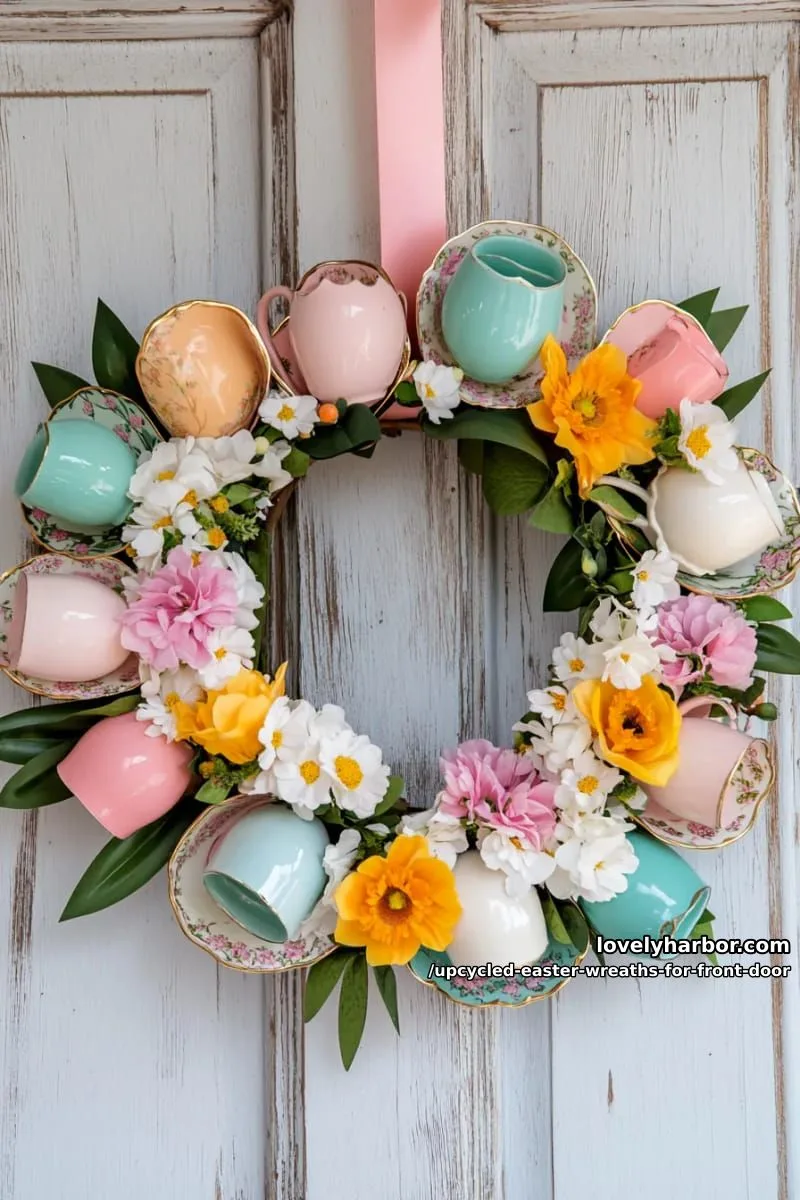 15 Upcycled Easter Wreaths For Front Door That Bring Colorful Spring Vibes 11 vintage teacup wreath with thrifted cups and faux spring florals 1