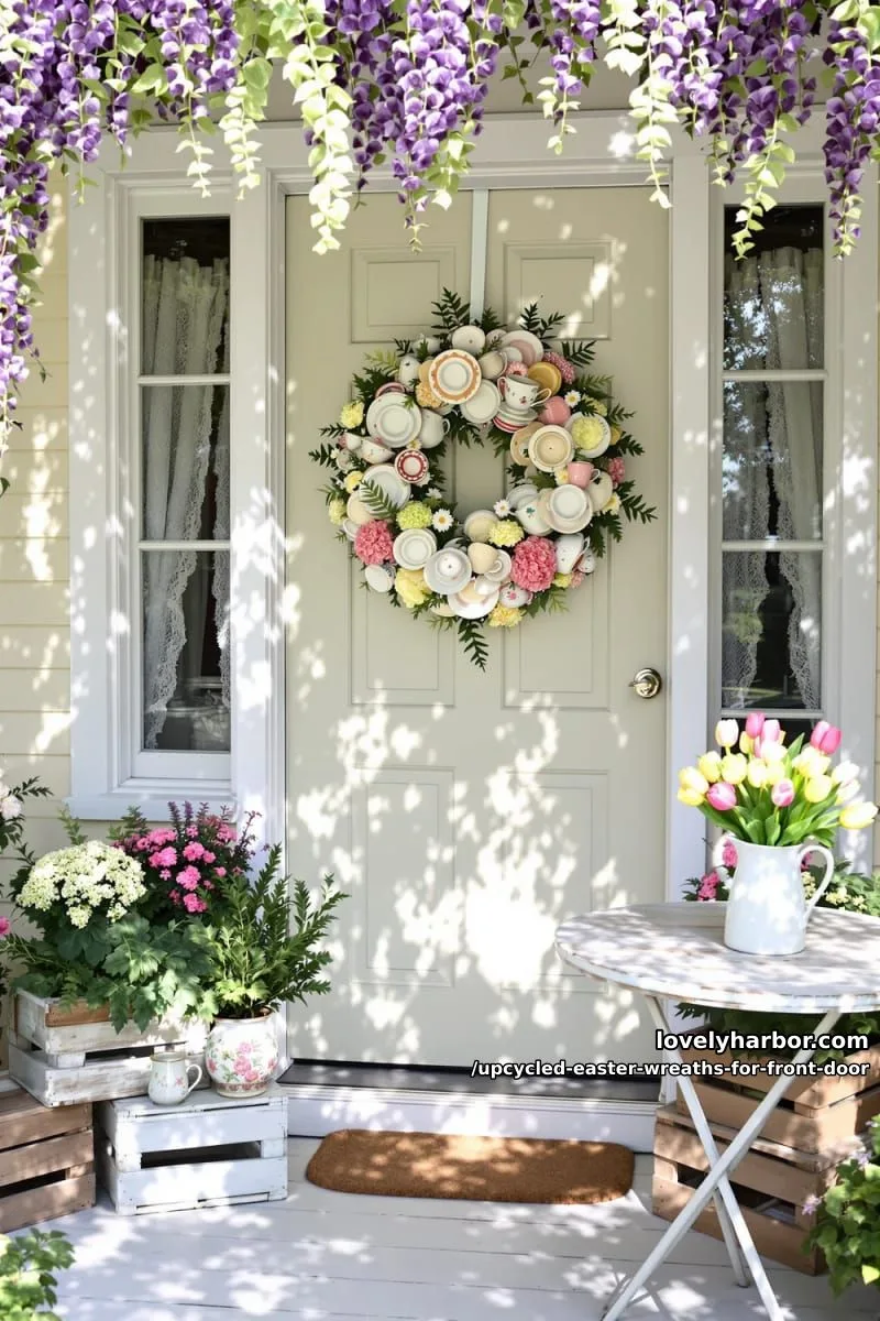 15 Upcycled Easter Wreaths For Front Door That Bring Colorful Spring Vibes 12 vintage teacup wreath with thrifted cups and faux spring florals 1