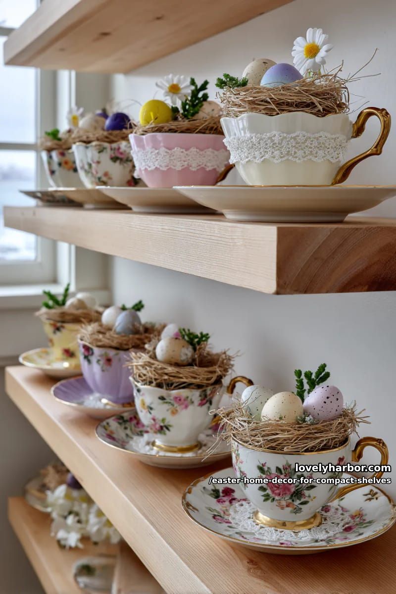 vintage teacups holding mini diy easter nest scenes 1