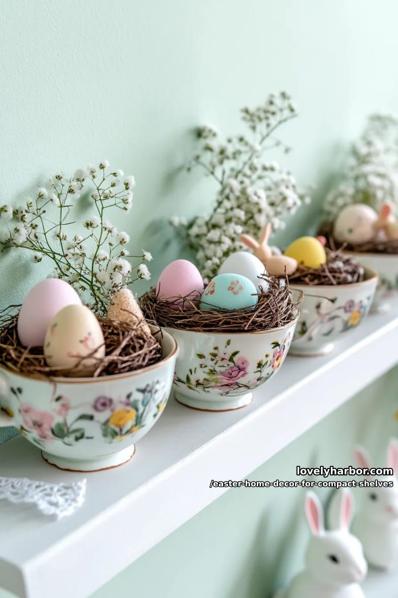 vintage teacups holding mini diy easter nest scenes 1