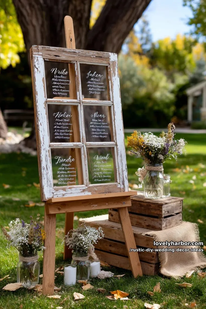 19 Rustic DIY Wedding Decor Ideas with Dreamy Vibes 13 vintage window panes as seating chart with handwritten guests’ names 1