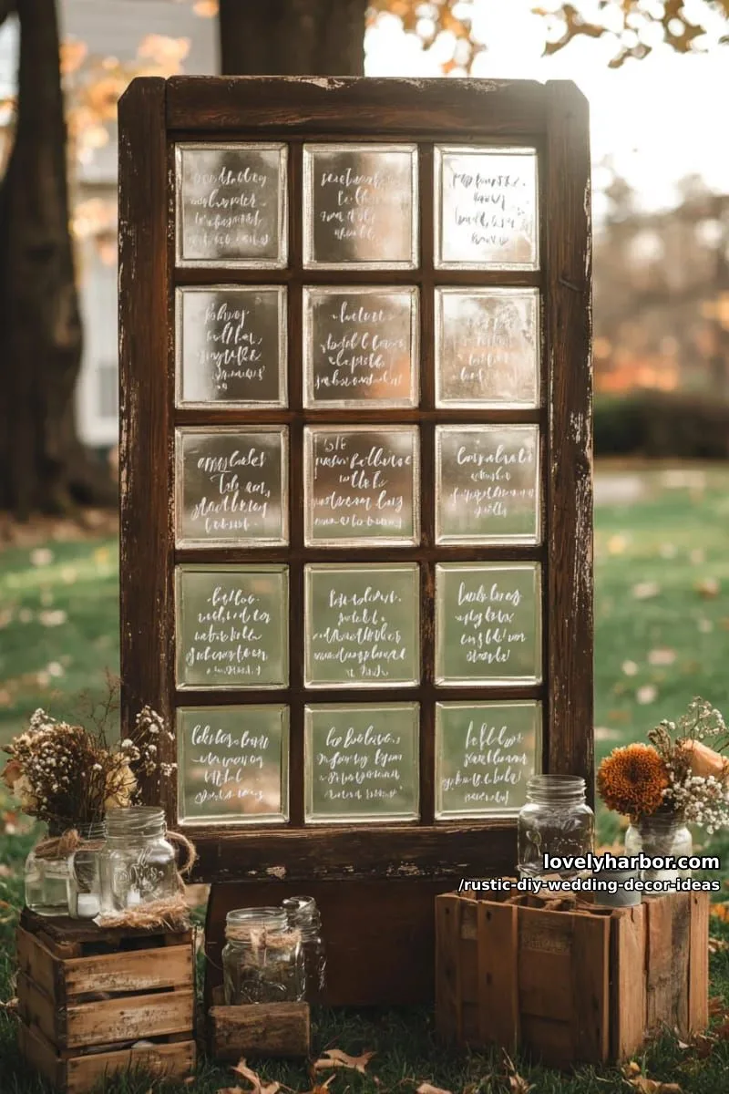 19 Rustic DIY Wedding Decor Ideas with Dreamy Vibes 14 vintage window panes as seating chart with handwritten guests’ names 1