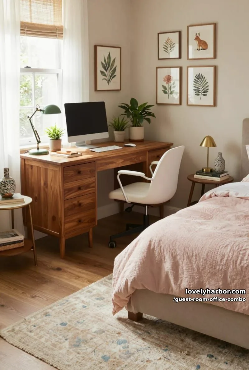 vintage wooden desk workspace with pink bedding and botanical art prints. 1